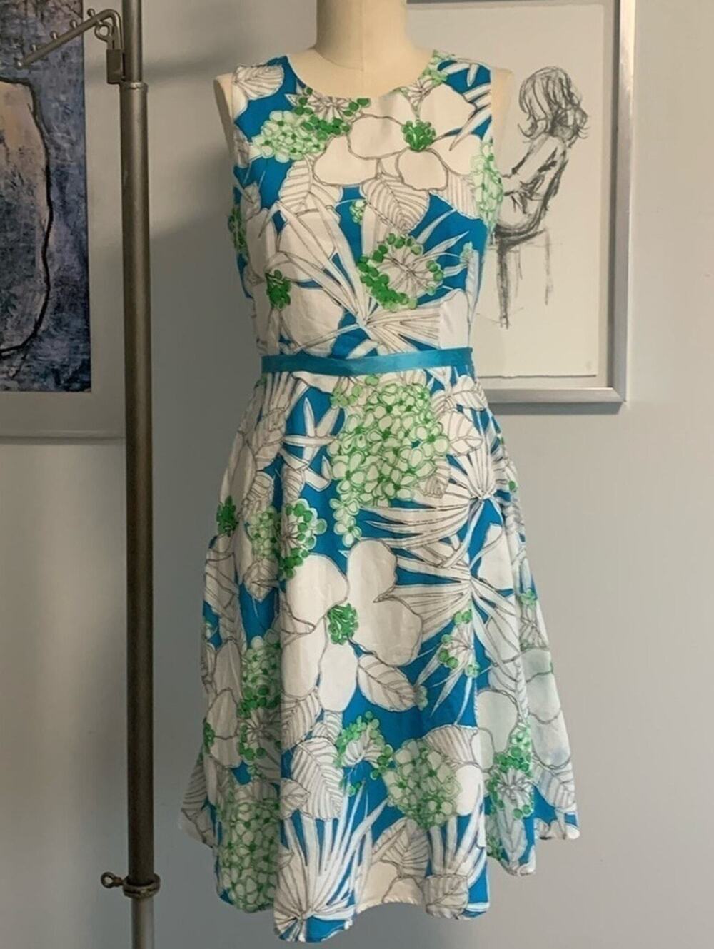 Caribbean Joe Tropical Floral Dress Medium Sleeveless A-Line Blue White